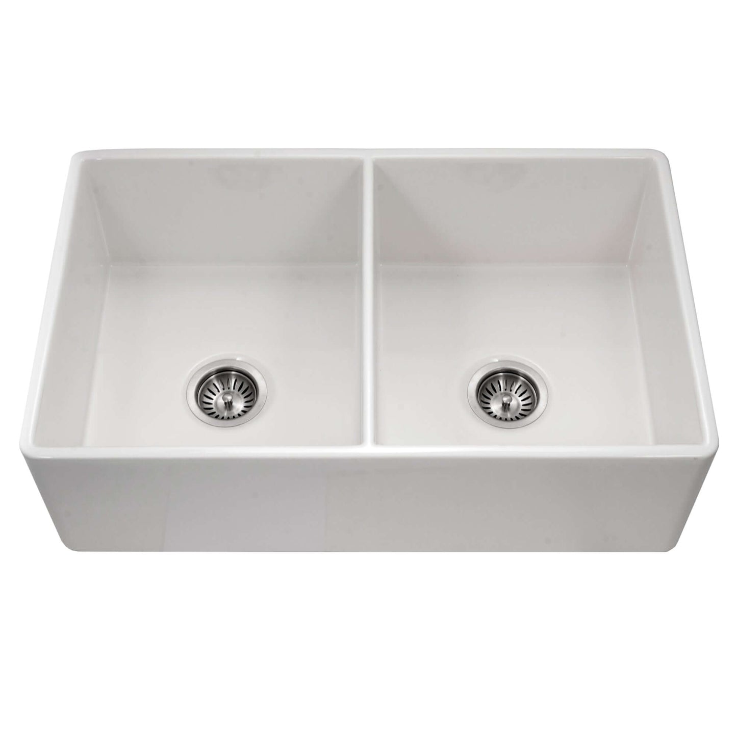HOUZER PLATUS 33" Fireclay Apron Front Farmhouse 50/50 Double Bowl Kitchen Sink, top view with two bowls.