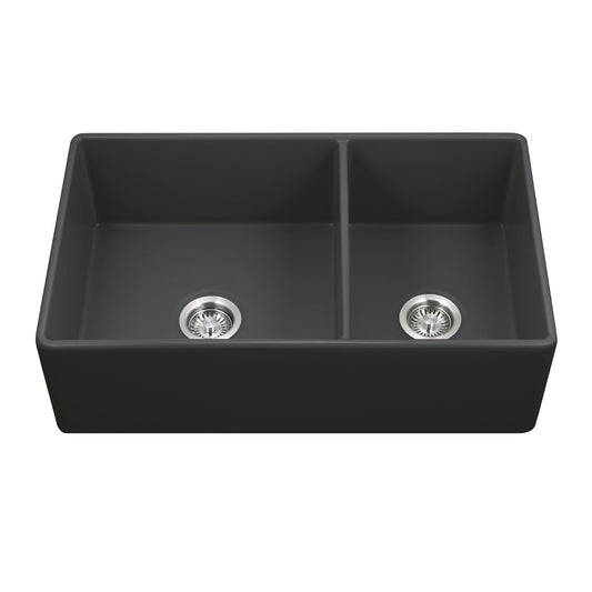 HOUZER PLATUS 33" Black Fireclay Apron Front 60/40 Double Kitchen Sink