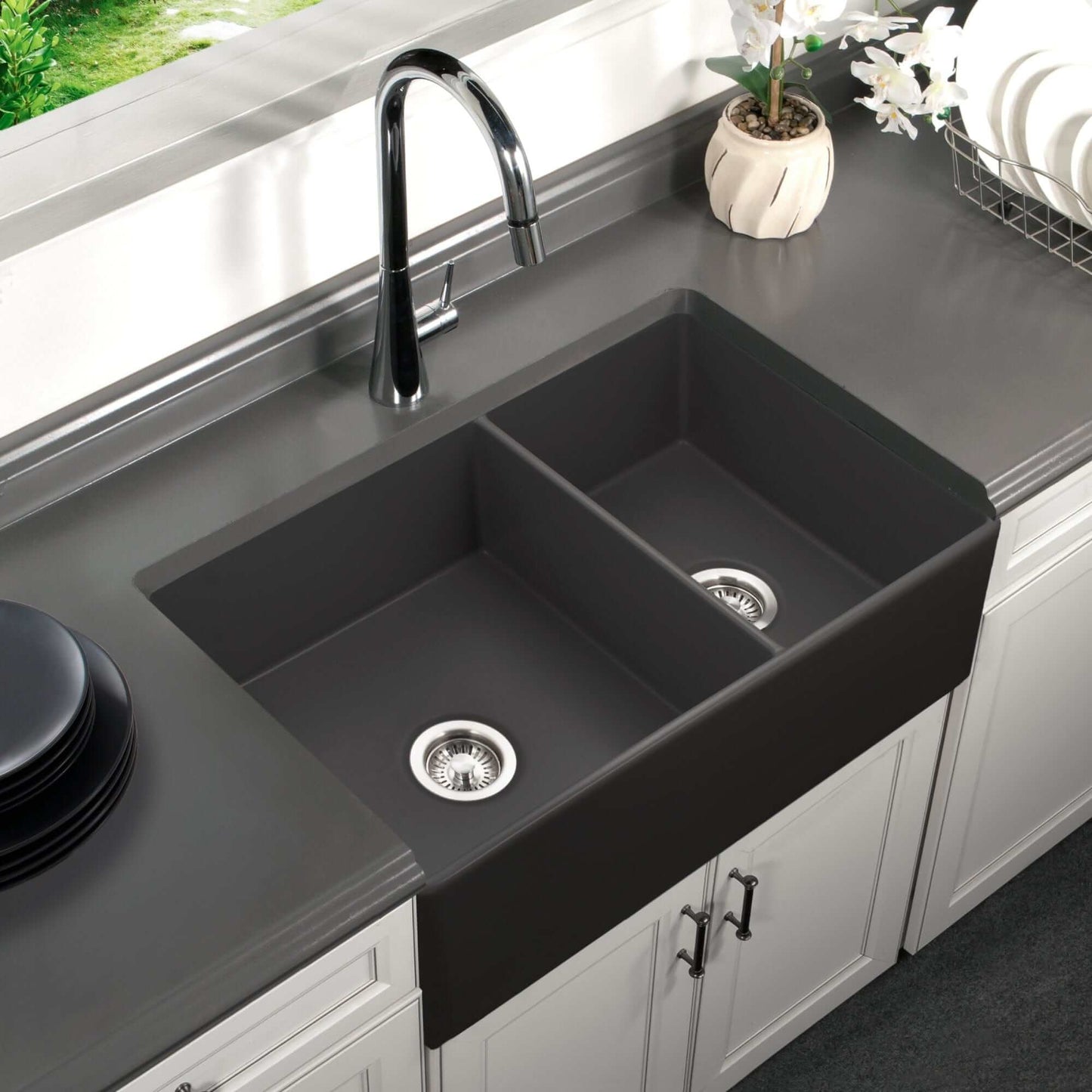 HOUZER PLATUS 33" Black Fireclay Apron Front 60/40 Double Kitchen Sink