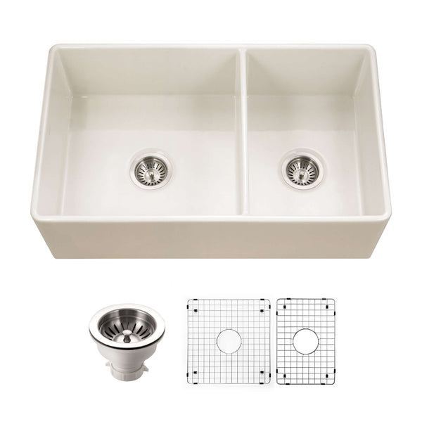 HOUZER PLATUS 33 Fireclay Apron Front Farmhouse 60/40 Double Kitchen Sink