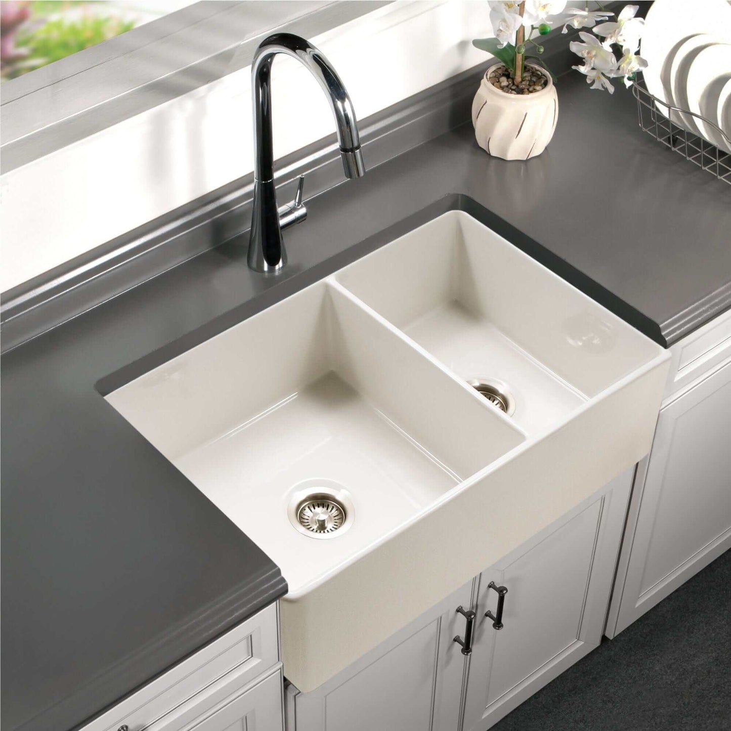 HOUZER PLATUS 33" Black Fireclay Apron Front 60/40 Double Kitchen Sink