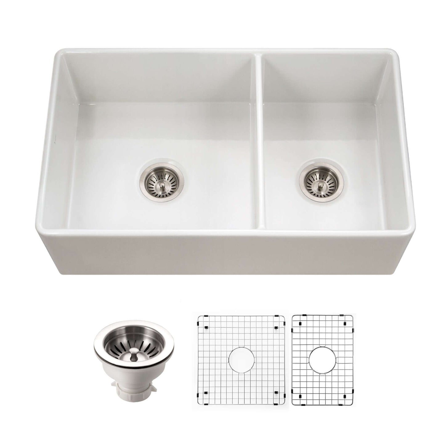 HOUZER PLATUS 33" Fireclay Apron Front Farmhouse 60/40 Double Kitchen Sink with accessories
