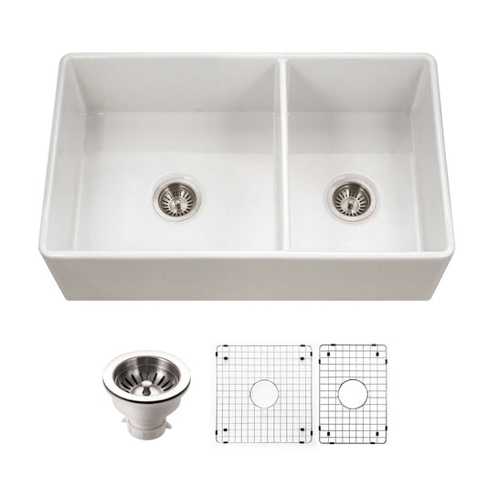 HOUZER PLATUS 33" Fireclay Apron Front Farmhouse 60/40 Double Kitchen Sink with accessories