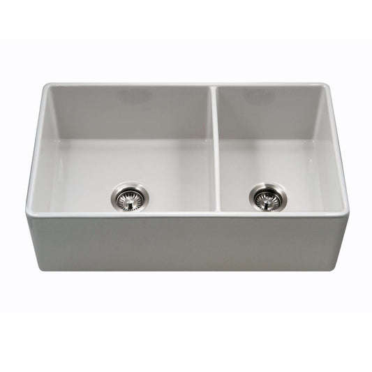 HOUZER PLATUS 33" White Fireclay Apron Front 60/40 Double Kitchen Sink - PTD-6040 WH with two bowls