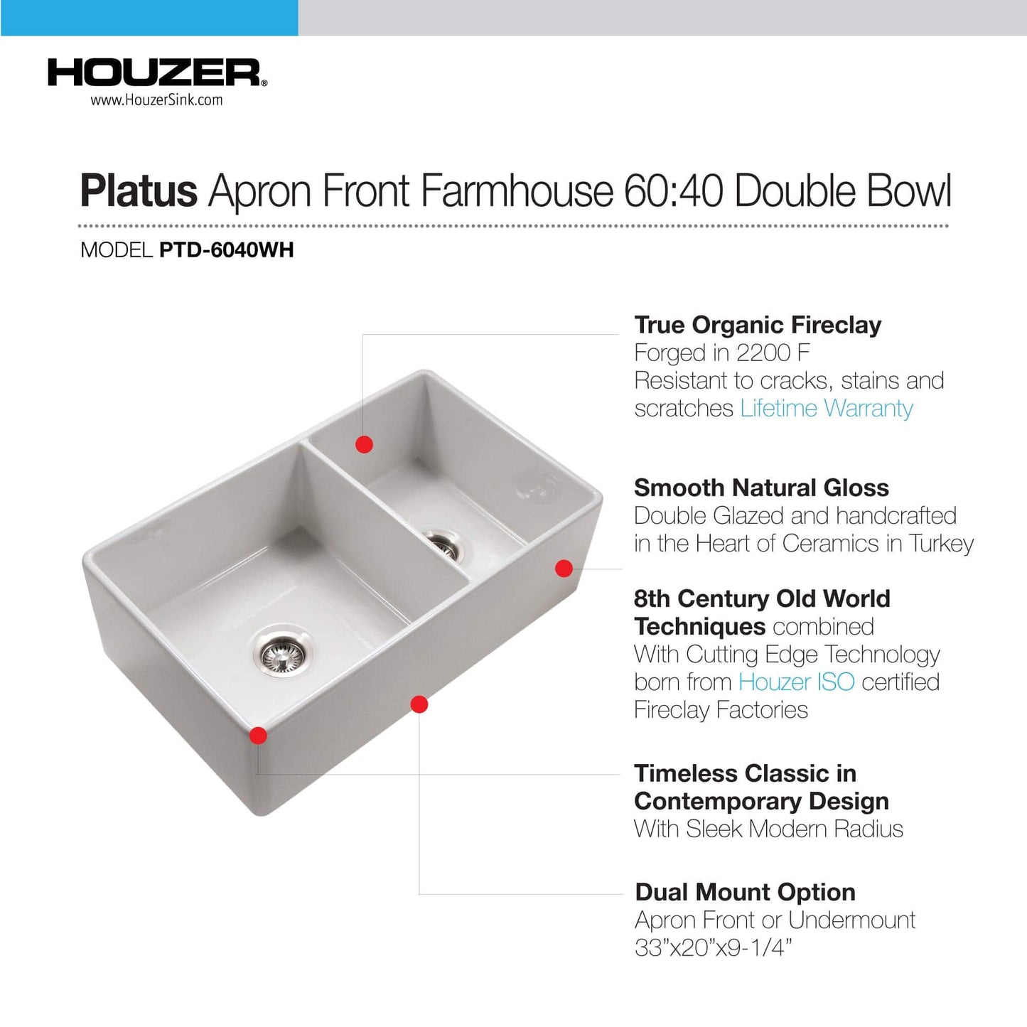HOUZER PLATUS 33" White Fireclay Apron Front 60/40 Double Kitchen Sink - PTD-6040 WH with smooth natural gloss.