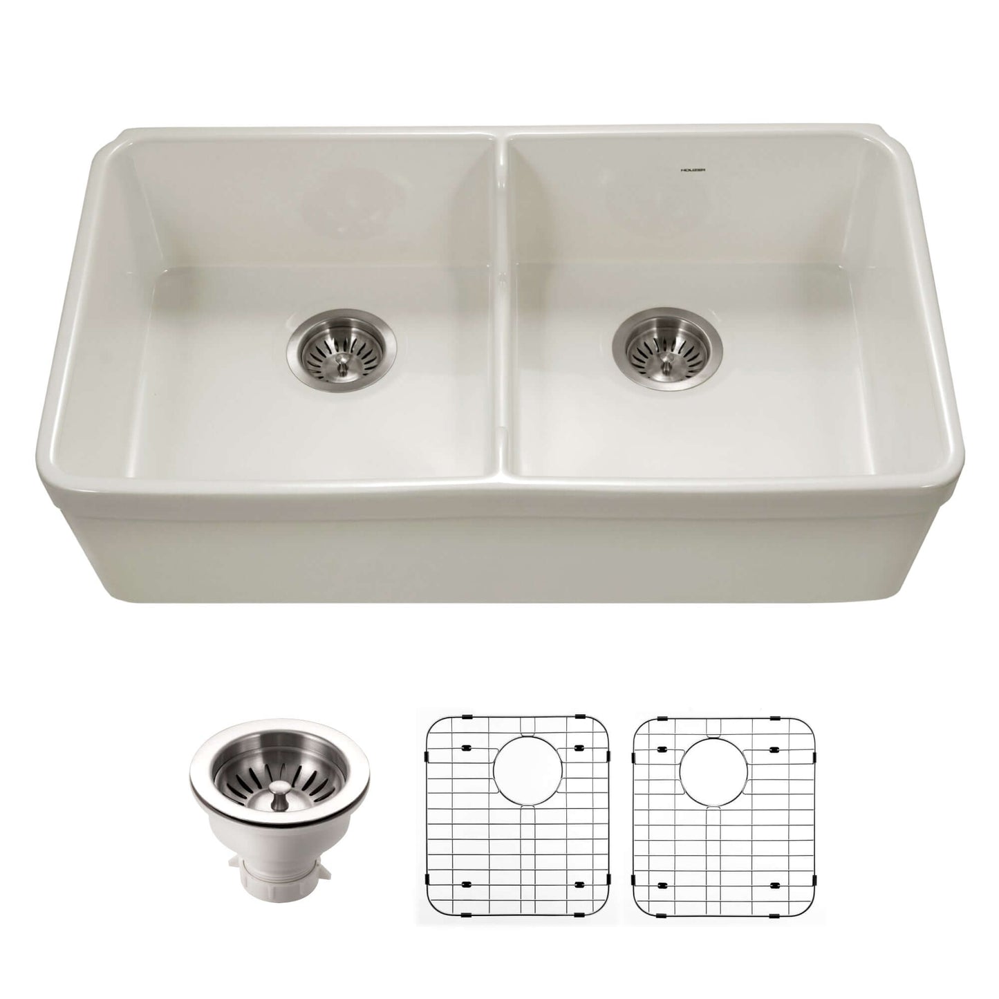 HOUZER PLATUS 32" Fireclay Apron Front Farmhouse 50/50 Double Bowl Kitchen Sink with Low Divider, Basket Strainer and Basin Grids