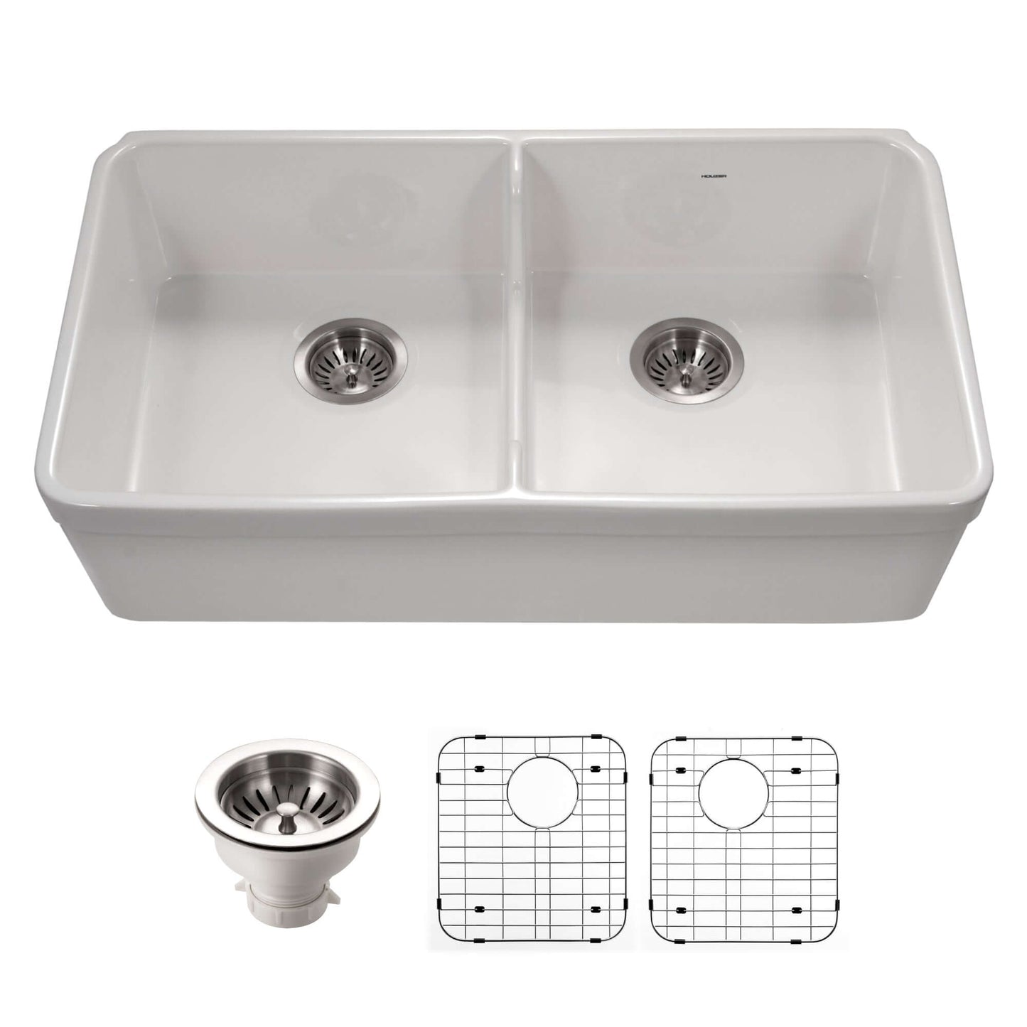 HOUZER PLATUS 32" Fireclay Apron Front Farmhouse 50/50 Double Bowl Kitchen Sink with Low Divider, Basket Strainer and Basin Grids