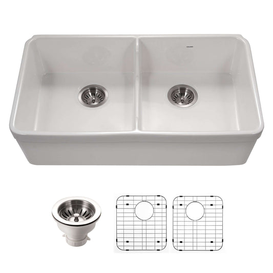 HOUZER PLATUS 32" Fireclay Farmhouse Low Divide Double Bowl Kitchen Sink with Basket Strainer & Grids