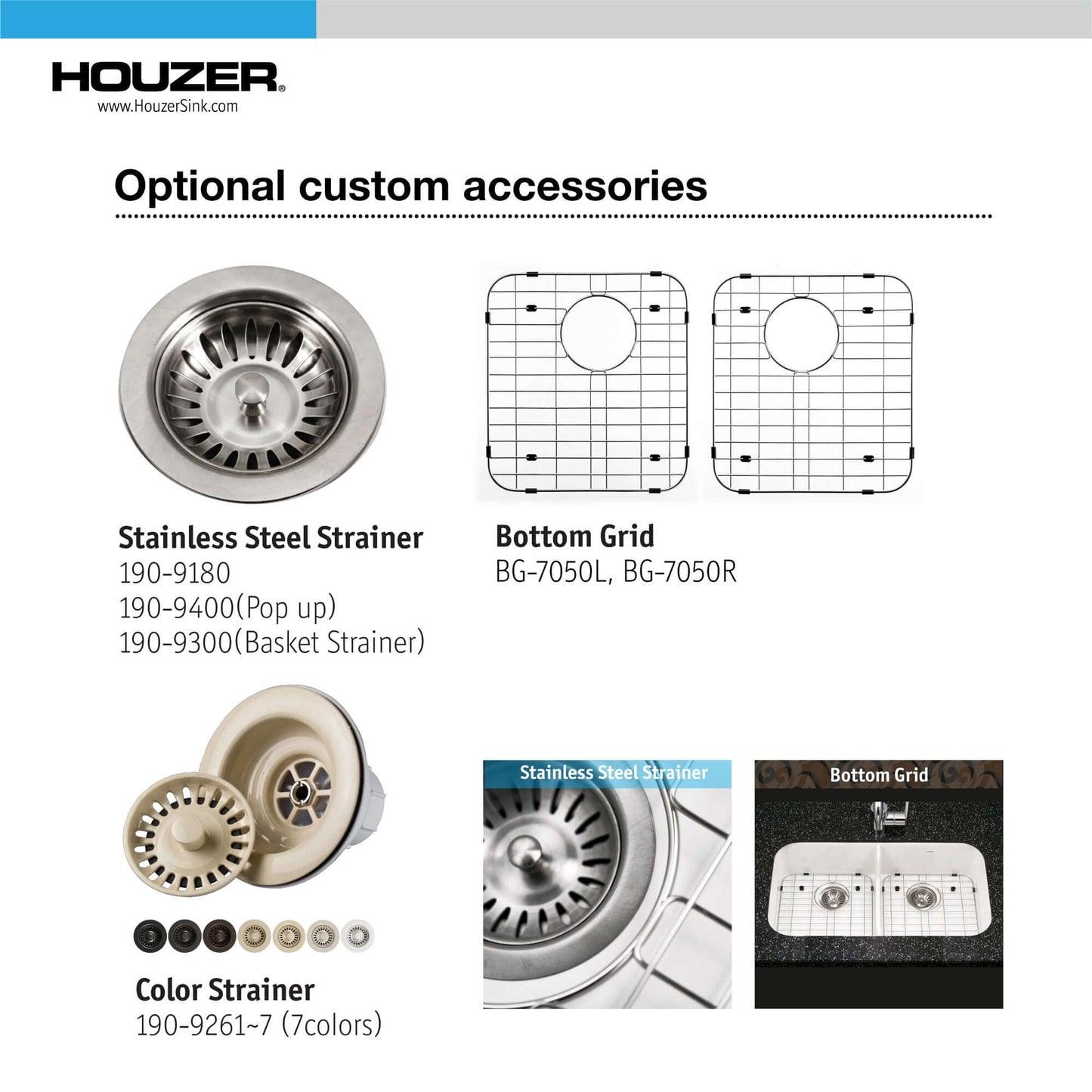 HOUZER PLATUS 32" Fireclay Apron Front Farmhouse 50/50 Double Bowl Kitchen Sink with Low Divide optional accessories