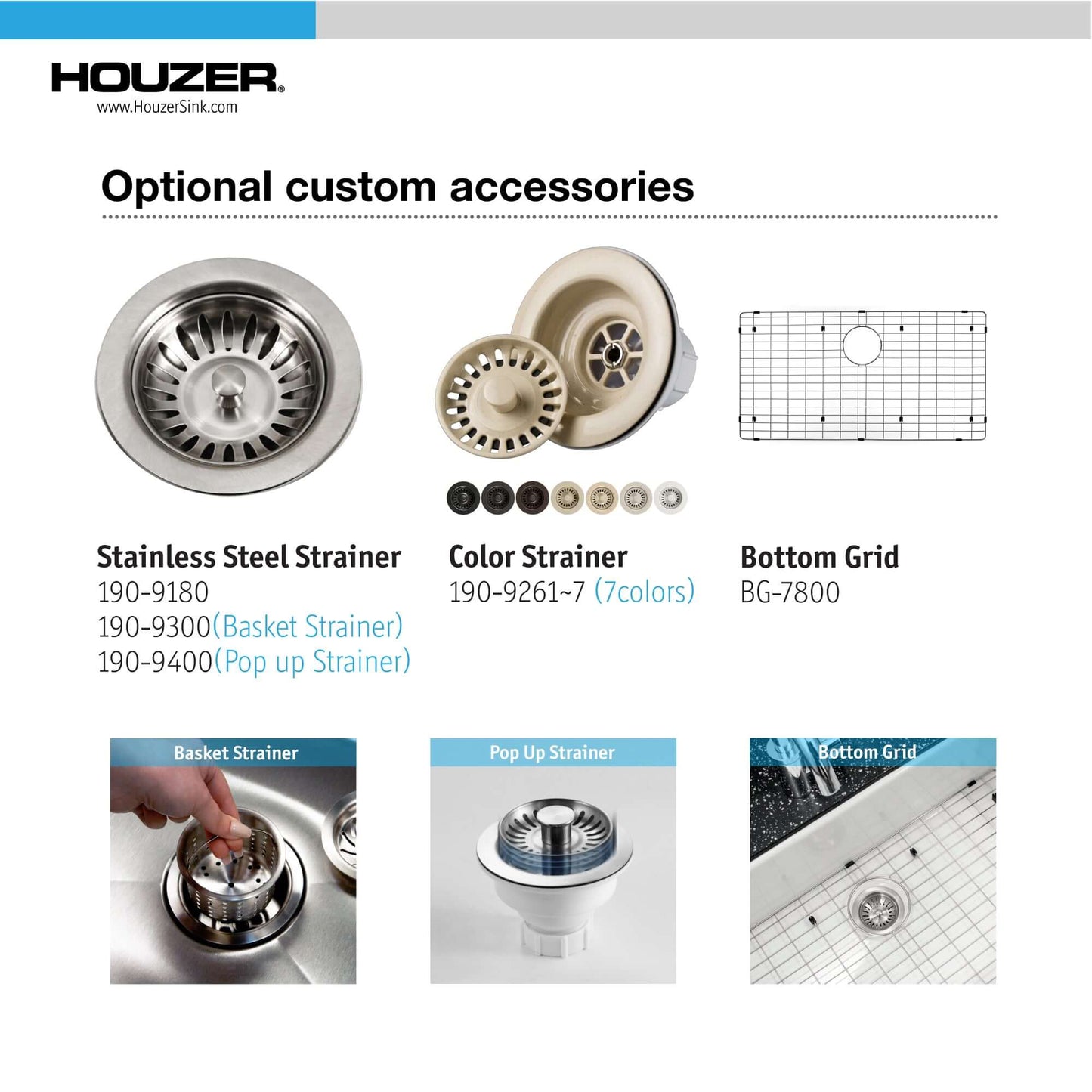 Optional custom accessories for HOUZER PLATUS 36" Fireclay Apron Front Farmhouse Single Bowl Kitchen Sink.