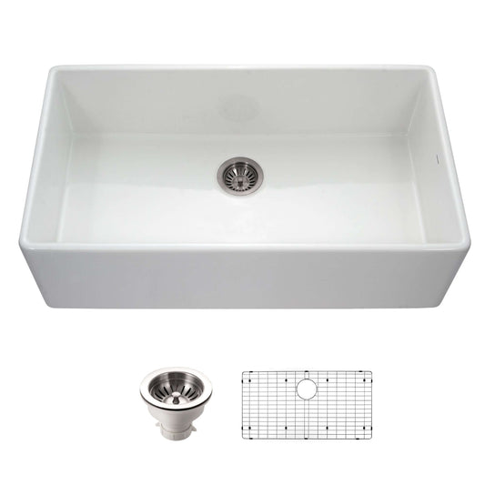 HOUZER PLATUS 36" Fireclay Farmhouse Kitchen Sink with Strainer and Grid and accessories shown.