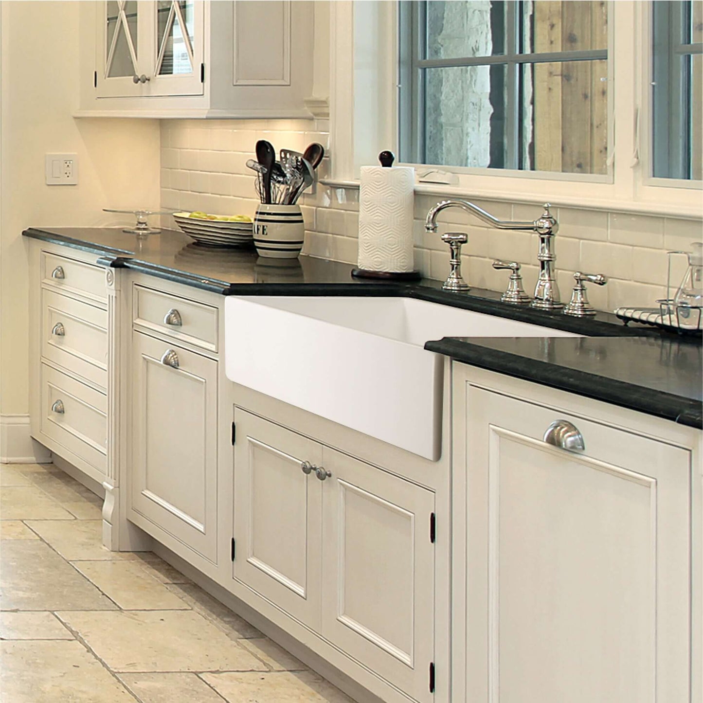 HOUZER PLATUS 36" Fireclay Apron Front Farmhouse Single Bowl Kitchen Sink in a stylish kitchen setting.