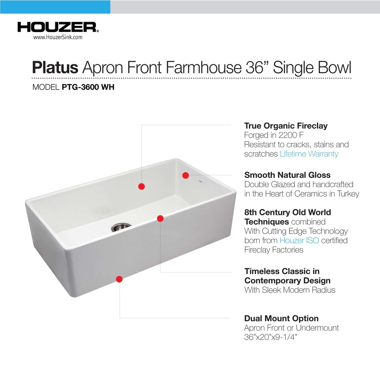 HOUZER PLATUS 36" Fireclay Apron Front Farmhouse Single Bowl Kitchen Sink features organic fireclay and smooth natural gloss.