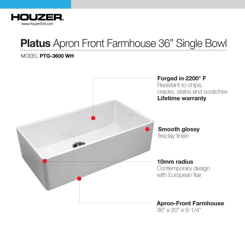Houzer 36" Fireclay Single Bowl Farmhouse Kitchen Sink, PTG-3600 WH features a smooth glossy finish and lifetime warranty.