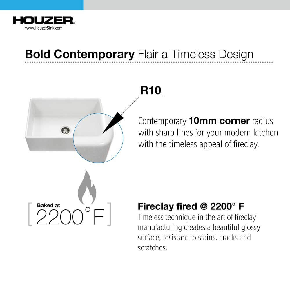 Houzer 36" Fireclay Single Bowl Farmhouse Kitchen Sink, PTG-3600 WH features bold contemporary design and fireclay durability.