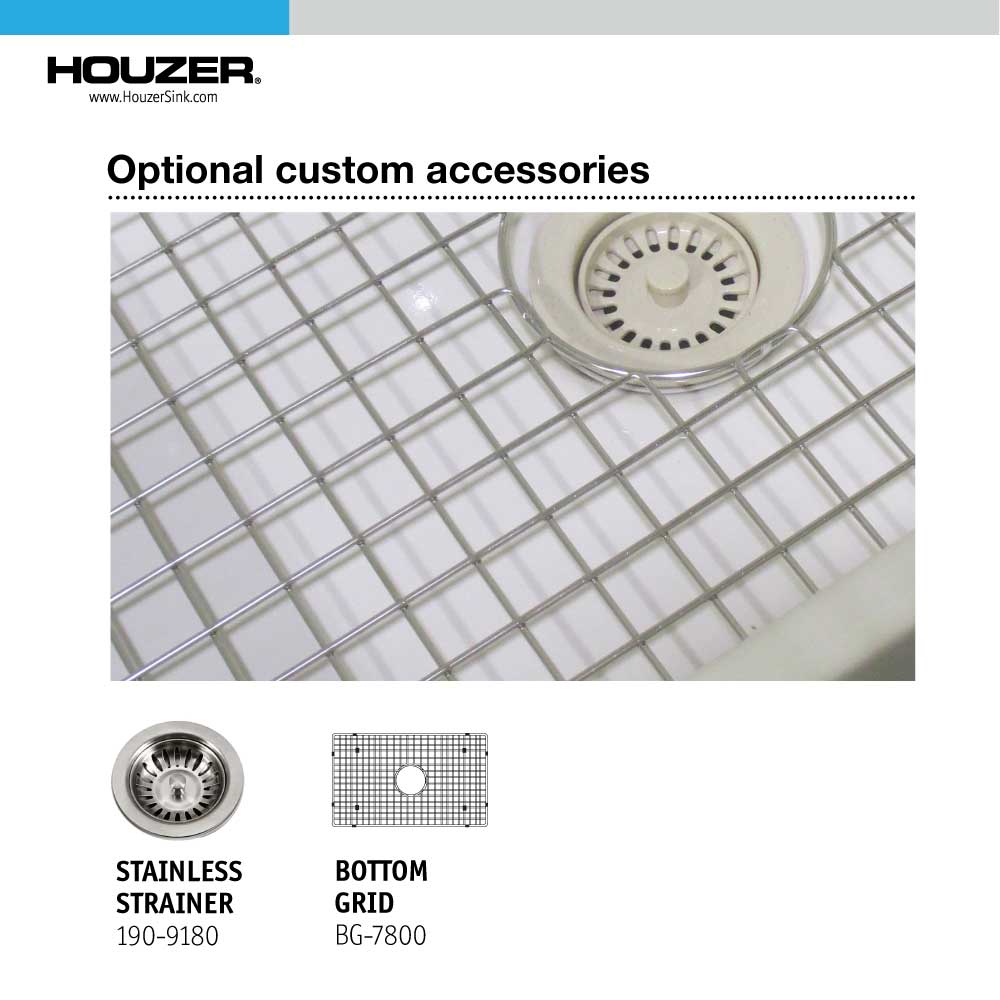 Optional custom accessories for Houzer 36" Fireclay Single Bowl Farmhouse Kitchen Sink, PTG-3600 WH including strainer and bottom grid.