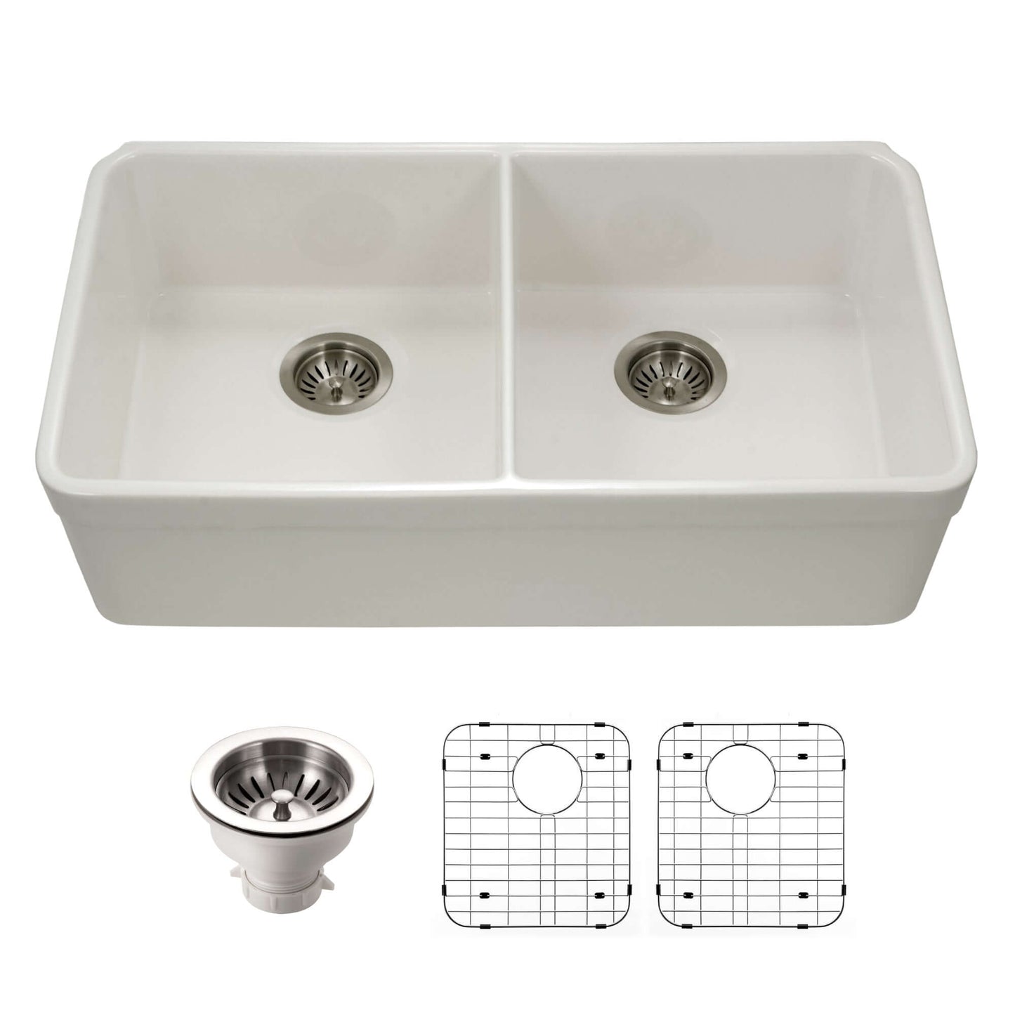 HOUZER PLATUS 32" Fireclay Undermount 50/50 Double Bowl Kitchen Sink with Basket Strainer and Basin Grids