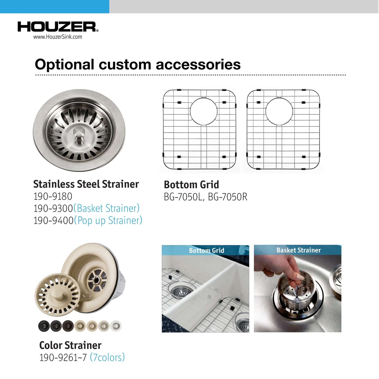 HOUZER PLATUS 32" Fireclay Undermount 50/50 Double Bowl Kitchen Sink with Basket Strainer and Basin Grids optional accessories