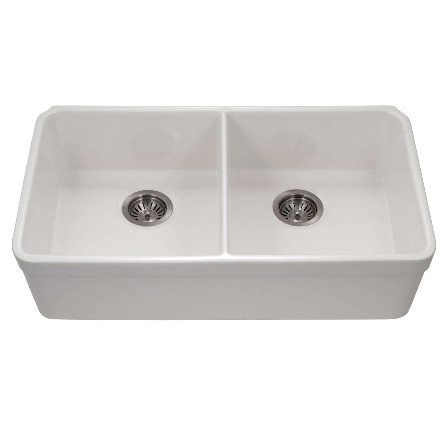 HOUZER PLATUS 32" Fireclay Undermount 50/50 Double Bowl Kitchen Sink in white finish with stainless steel drains.
