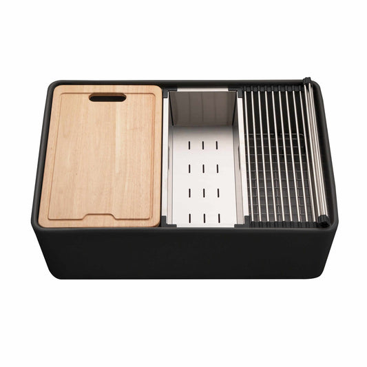 HOUZER ASPIRE 30" White Fireclay Apron Front Single Bowl Workstation Sink with Accessories close-up view of included cutting board and rack.