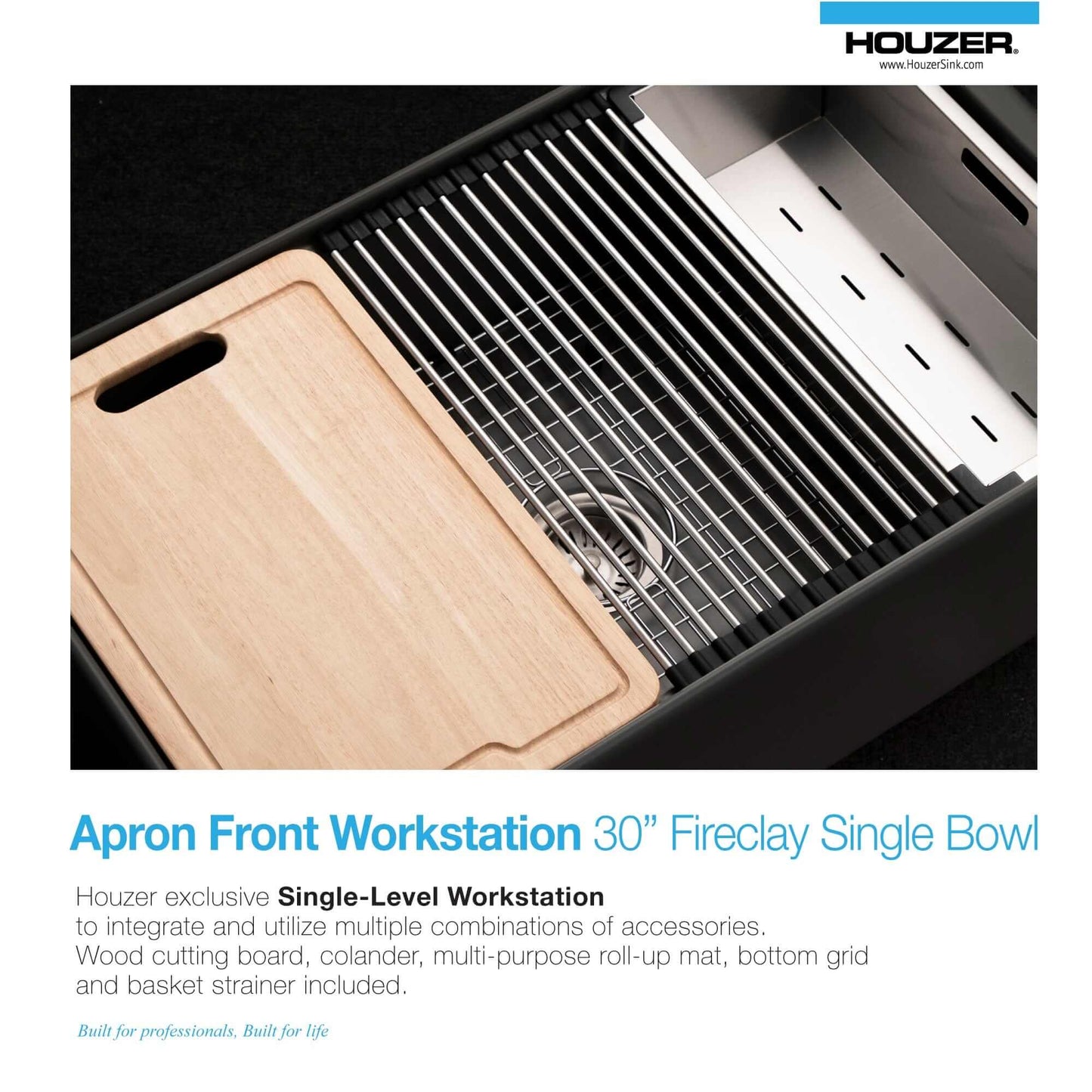 HOUZER ASPIRE 30" White Fireclay Apron Front Single Bowl Workstation Sink with Accessories and cutting board.