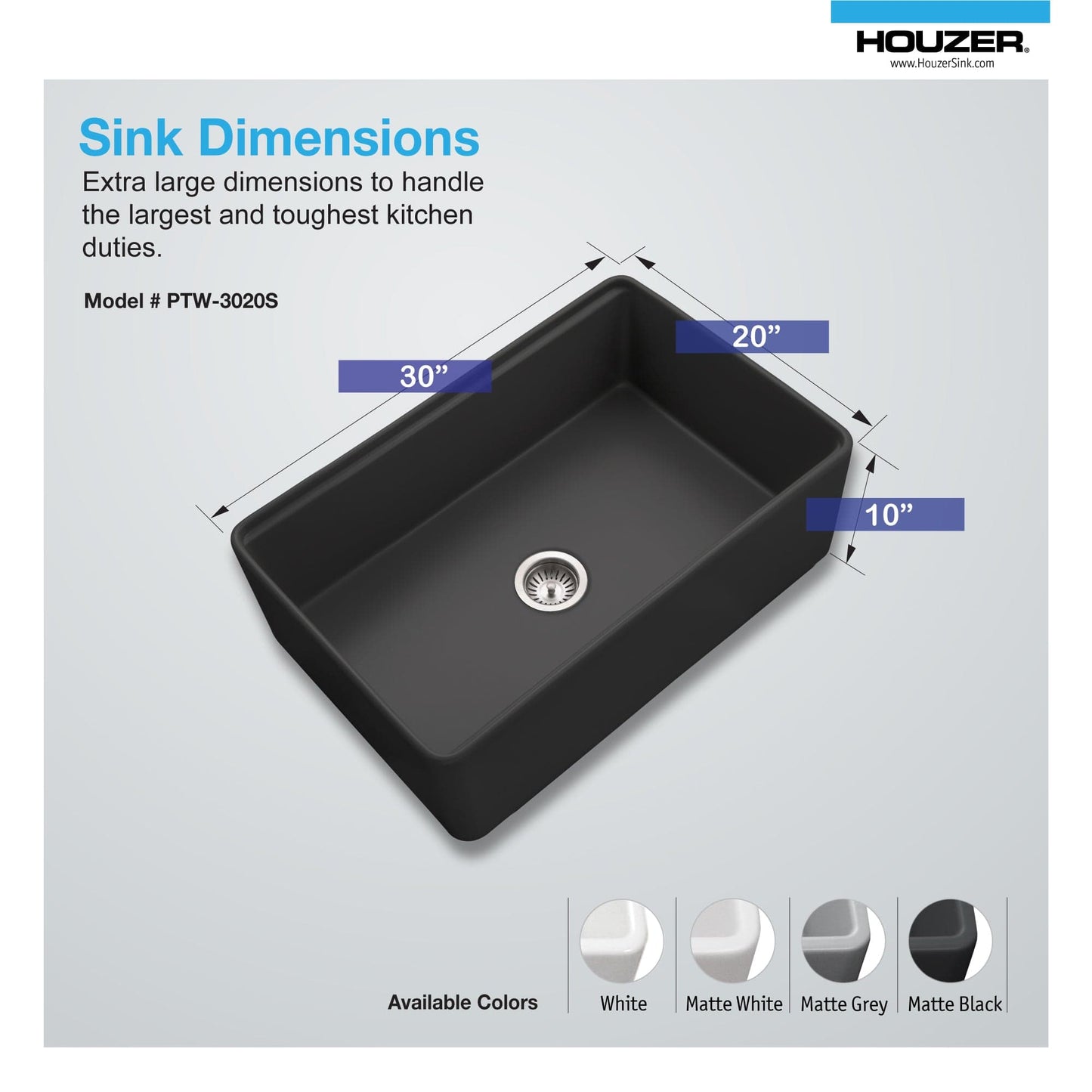 HOUZER ASPIRE 30" White Fireclay Apron Front Single Bowl Workstation Sink with Accessories dimensions diagram