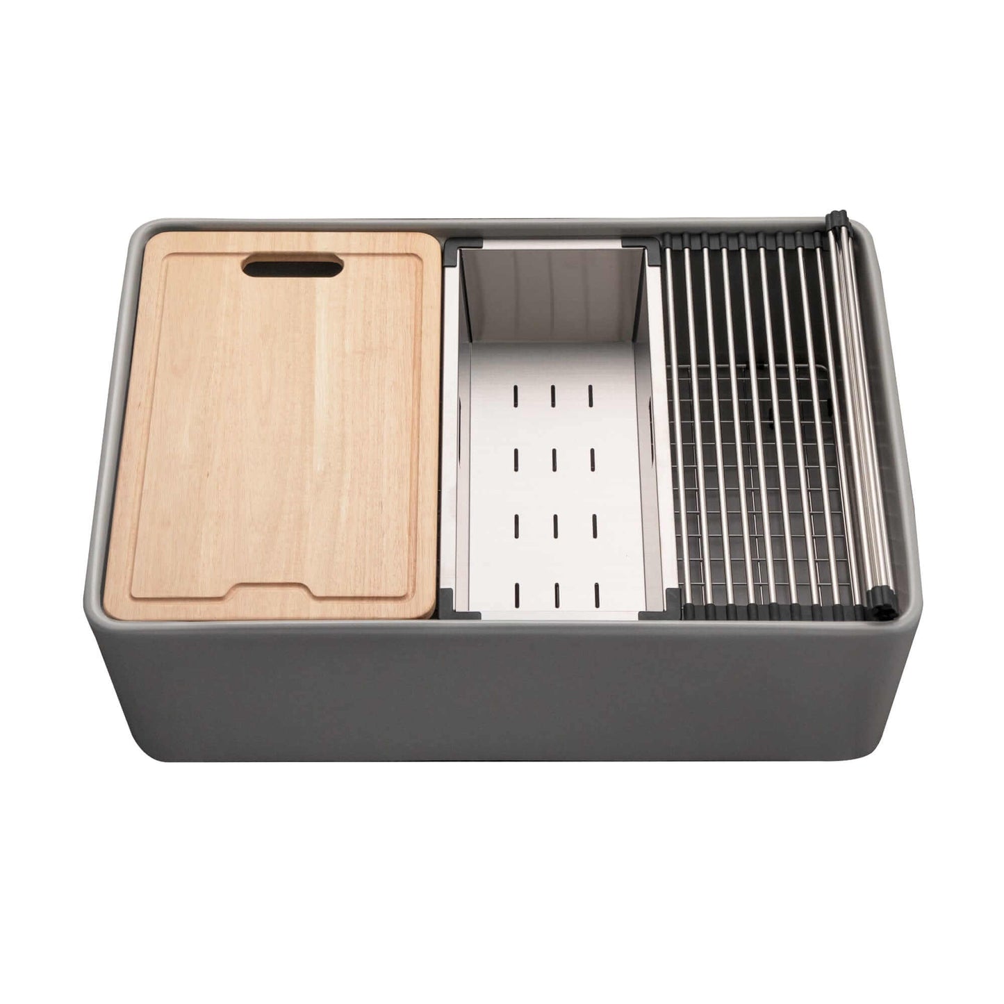 HOUZER ASPIRE 30" White Fireclay Apron Front Single Bowl Workstation Sink with Accessories and tools.