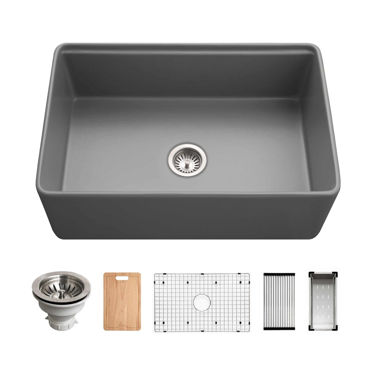 HOUZER ASPIRE 30" White Fireclay Apron Front Single Bowl Workstation Sink with Accessories and included items.