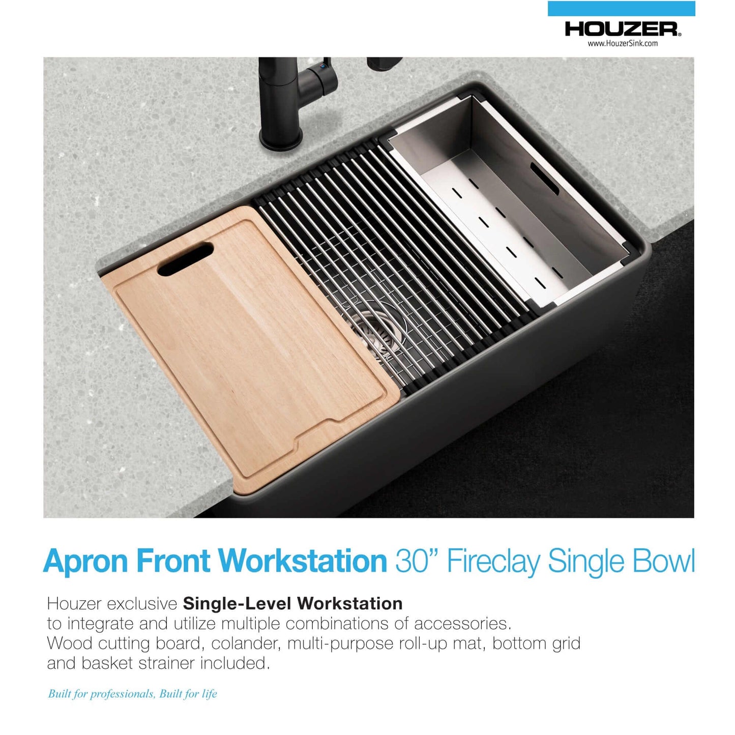 HOUZER ASPIRE 30" White Fireclay Apron Front Single Bowl Workstation Sink with Accessories showcasing integrated cutting board.