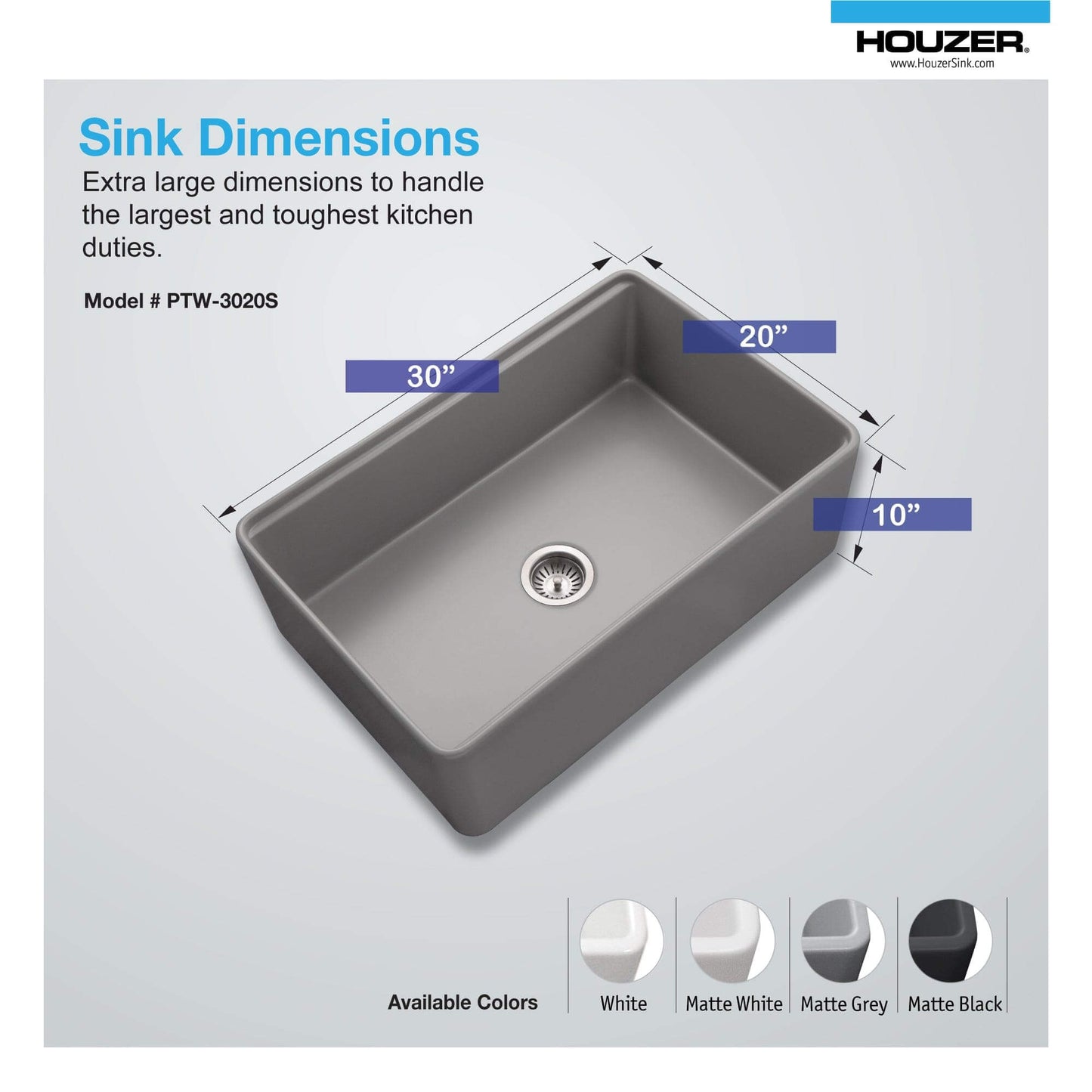 HOUZER ASPIRE 30" White Fireclay Apron Front Single Bowl Workstation Sink with Accessories dimensions image