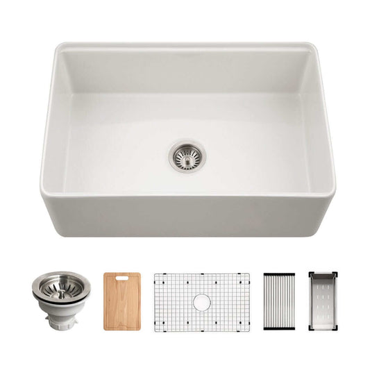 Aspire 30" Apron Front Workstation Single Bowl Fireclay Sink in white top view, showcasing accessories including drain and cutting board.