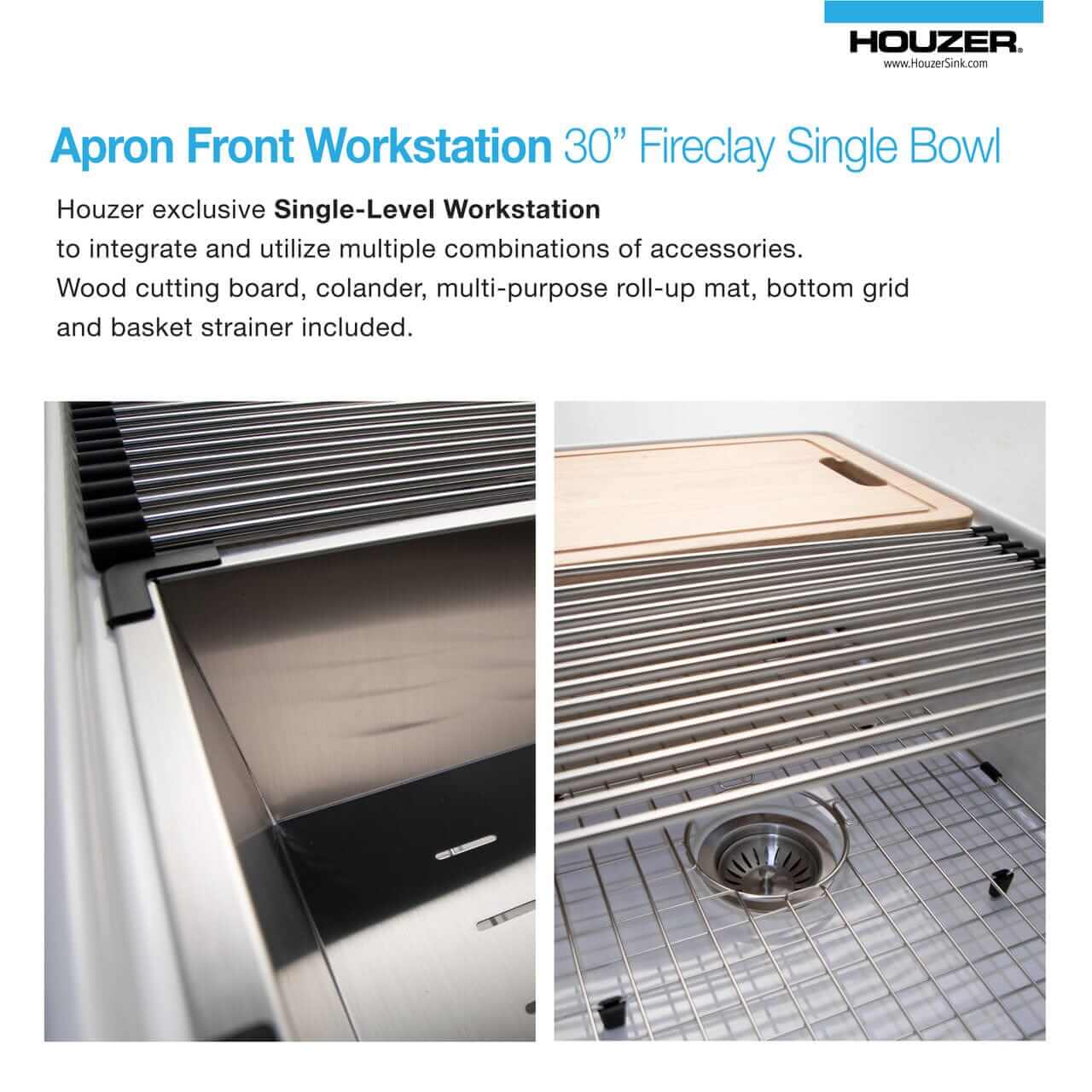 Aspire 30" Apron Front Workstation Single Bowl Fireclay Sink with wood cutting board, stainless steel grid, and basket strainer.