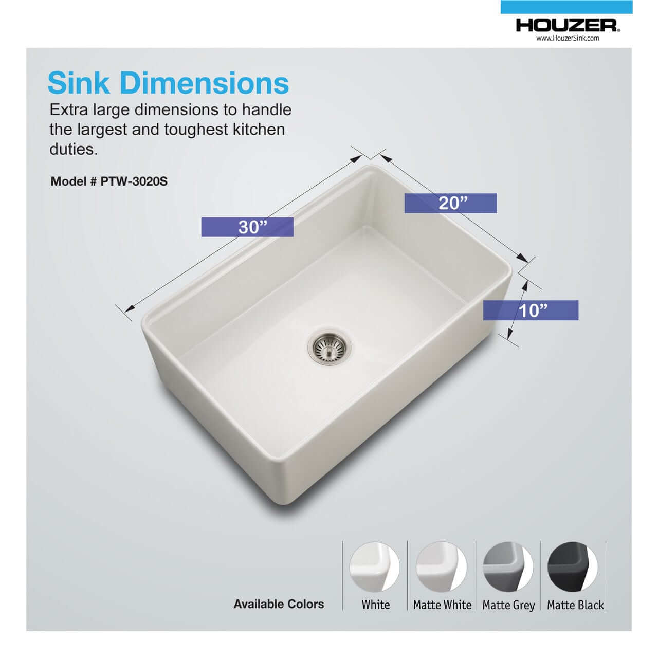 Aspire 30" Apron Front Workstation Single Bowl Fireclay Sink in white, top view showing dimensions.