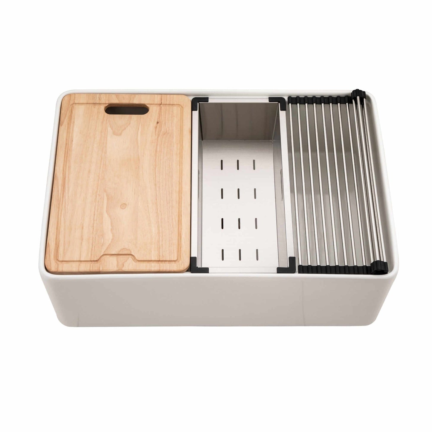 HOUZER ASPIRE 30" White Fireclay Apron Front Single Bowl Workstation Sink with Accessories and wooden cutting board.
