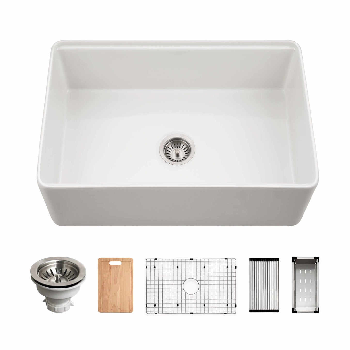 HOUZER ASPIRE 30" White Fireclay Apron Front Single Bowl Workstation Sink with Accessories top view.