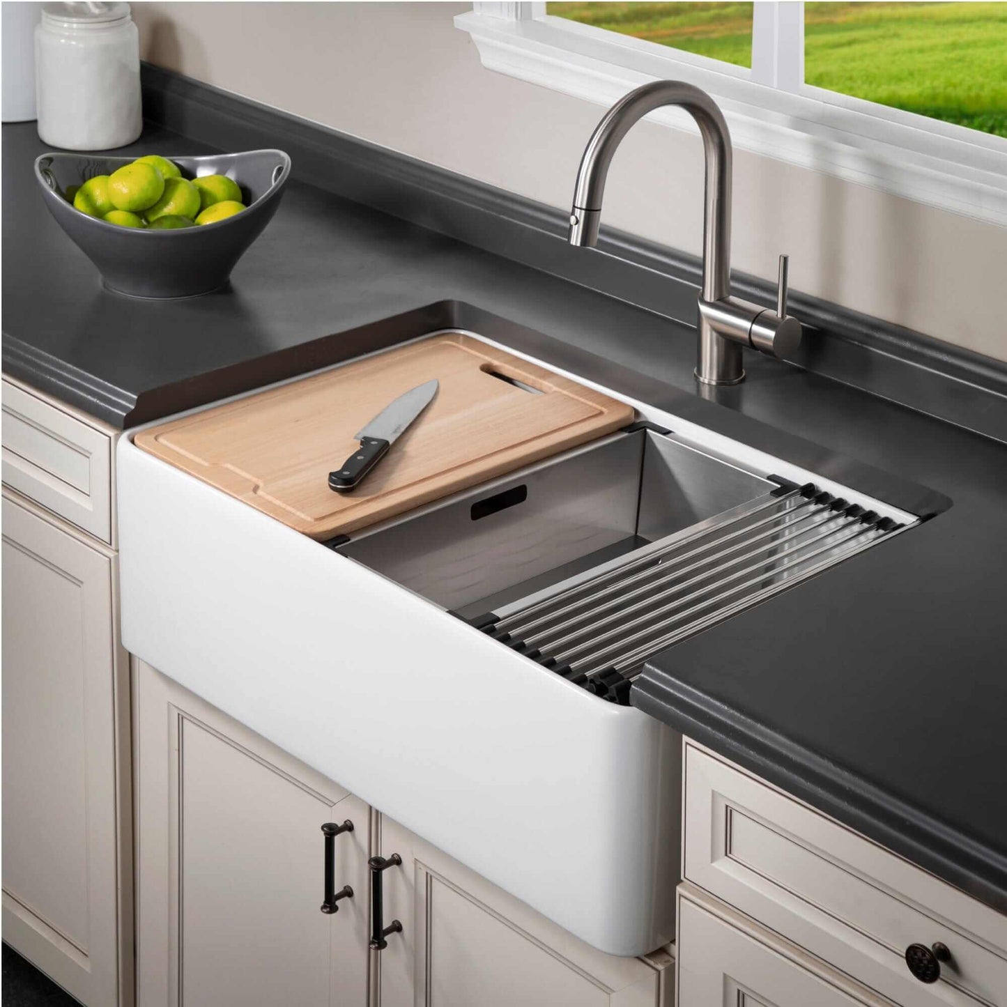 HOUZER ASPIRE 30" White Fireclay Apron Front Single Bowl Workstation Sink with Accessories in modern kitchen
