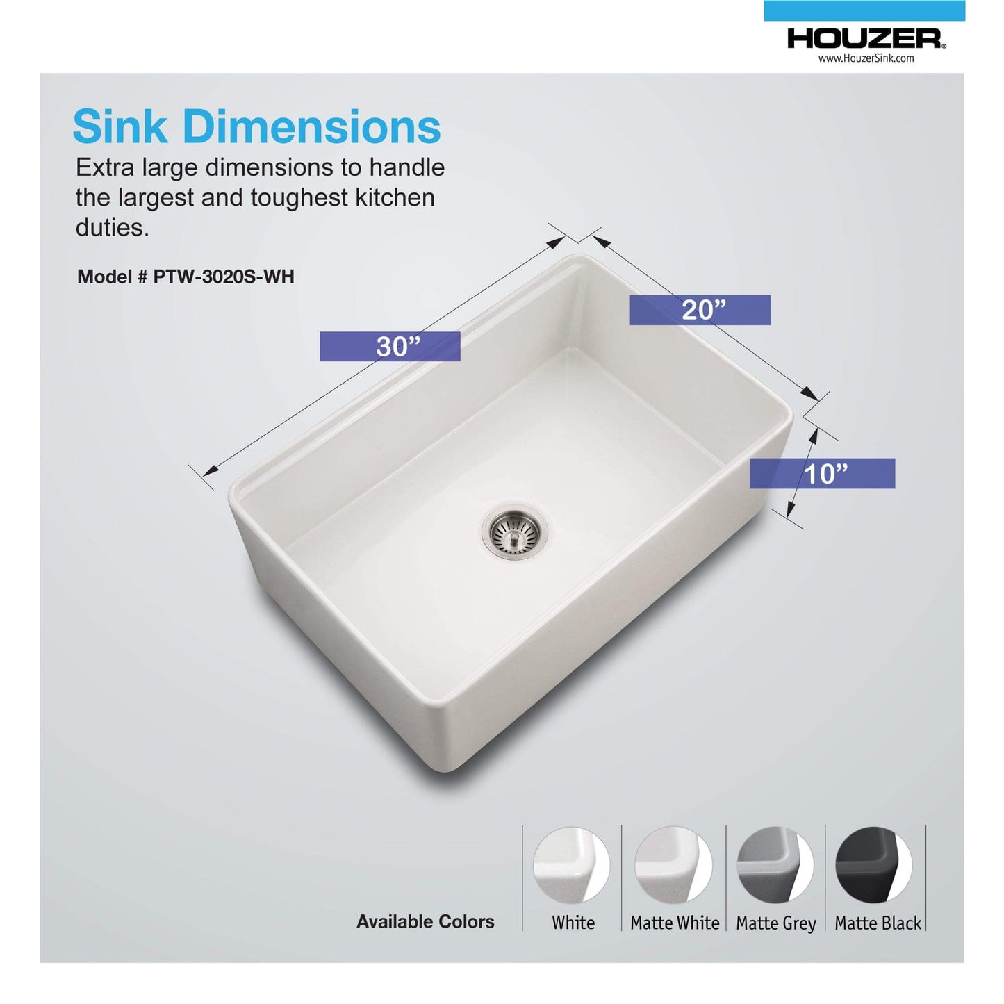 HOUZER ASPIRE 30" White Fireclay Apron Front Single Bowl Workstation Sink with Accessories dimensions diagram