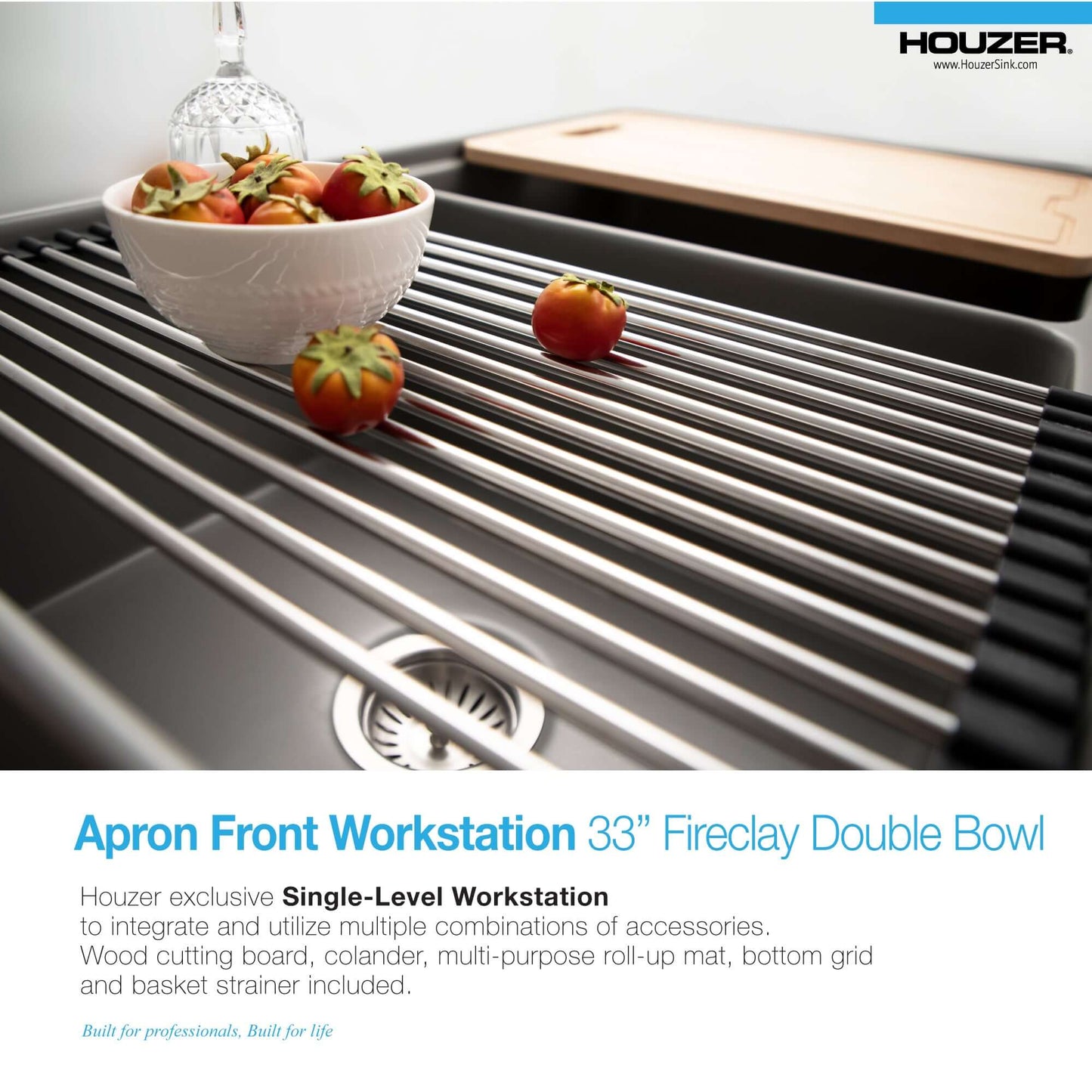 HOUZER ASPIRE 33" Fireclay Farmhouse Apron Front 50/50 Double Bowl Workstation Sink with Accessories showcasing kitchen accessories.