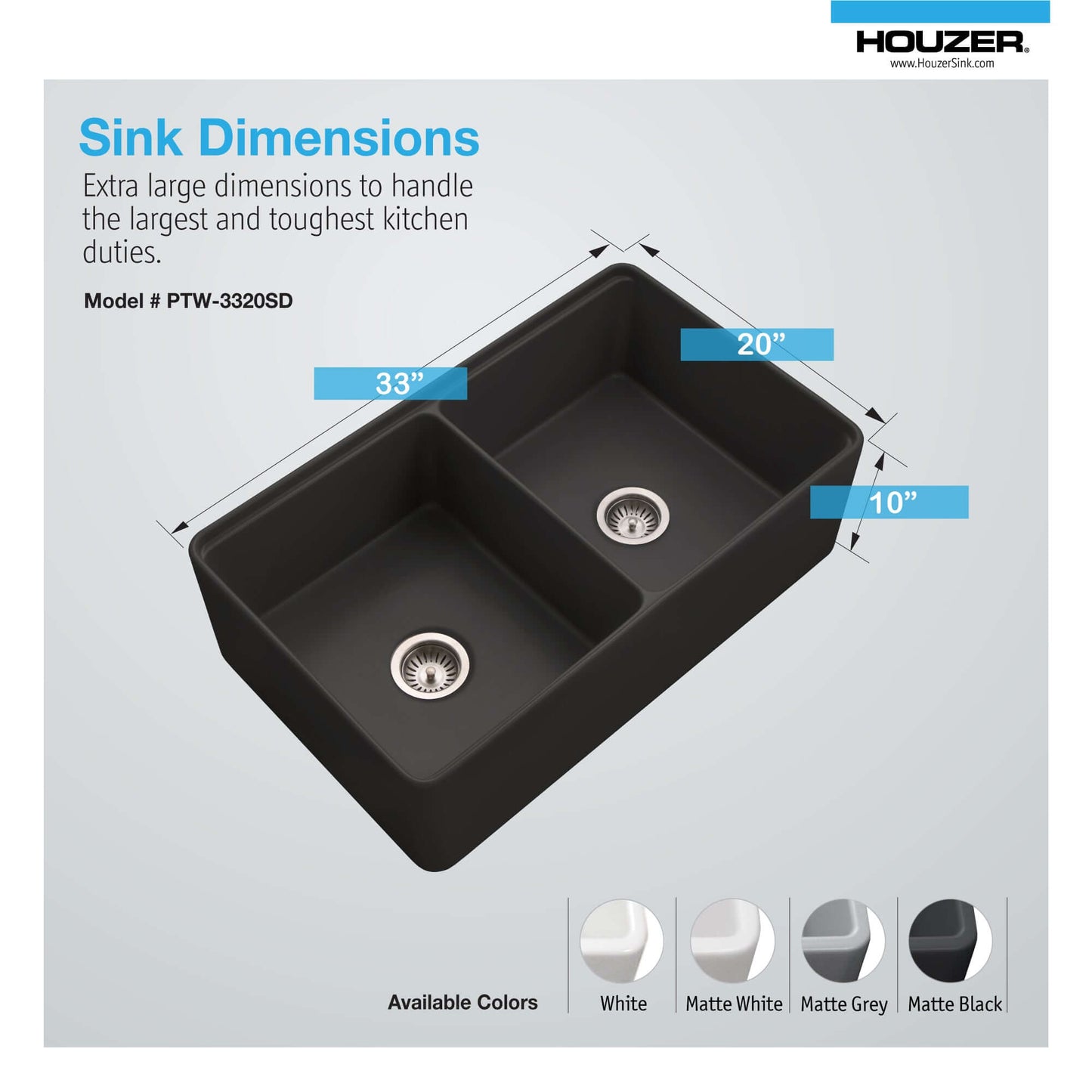 HOUZER ASPIRE 33" Fireclay Farmhouse Apron Front 50/50 Double Bowl Workstation Sink with Accessories dimensions and colors.