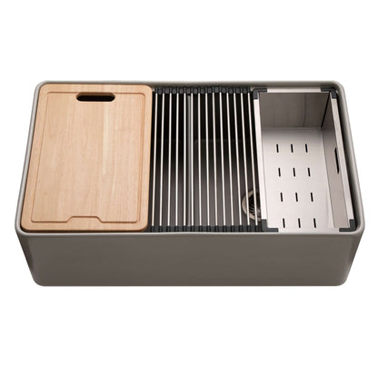 HOUZER ASPIRE 33" Fireclay Farmhouse Apron Front 50/50 Double Bowl Workstation Sink with Accessories overview