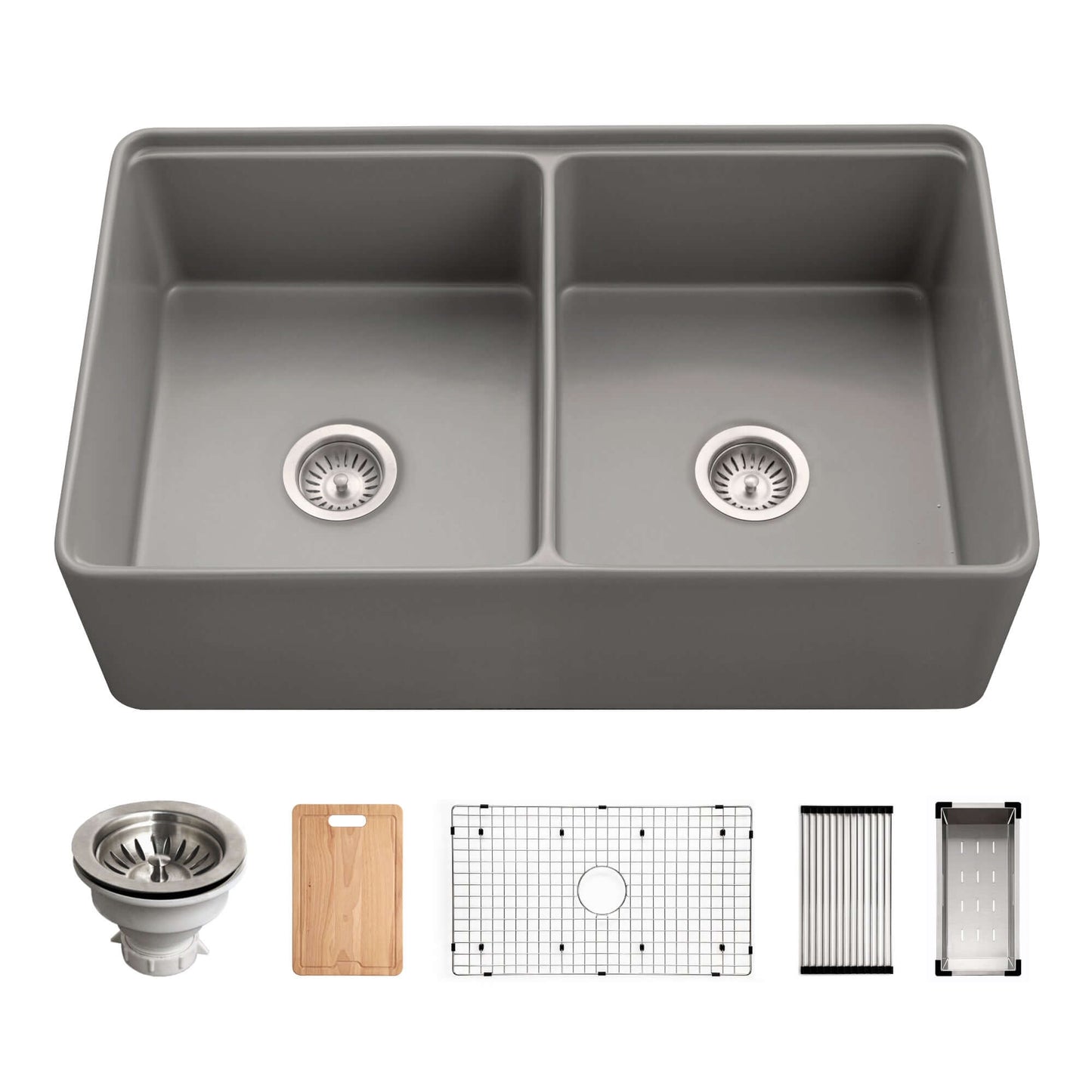 HOUZER ASPIRE 33" Fireclay Farmhouse Apron Front 50/50 Double Bowl Workstation Sink with Accessories, top view with accessories.