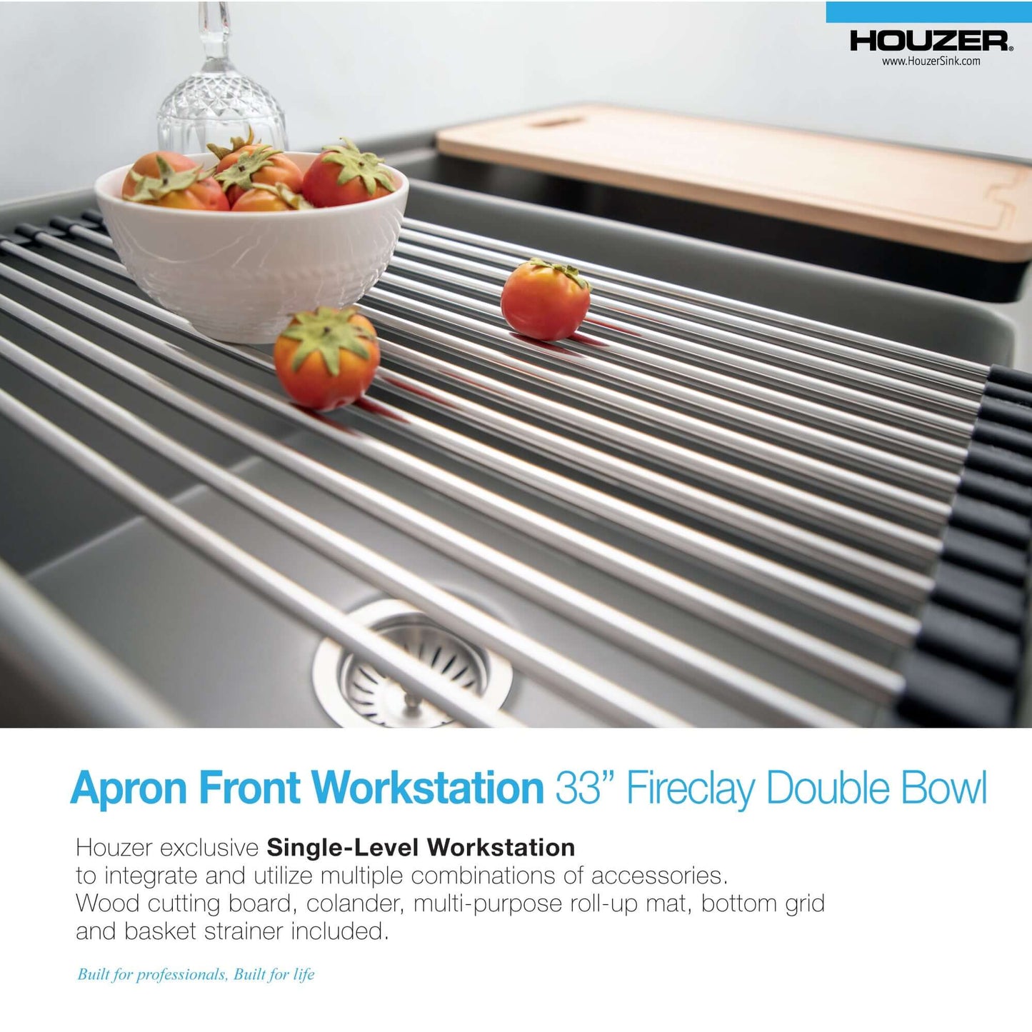 HOUZER ASPIRE 33" Fireclay Farmhouse Apron Front 50/50 Double Bowl Workstation Sink with Accessories image showcasing functionality.