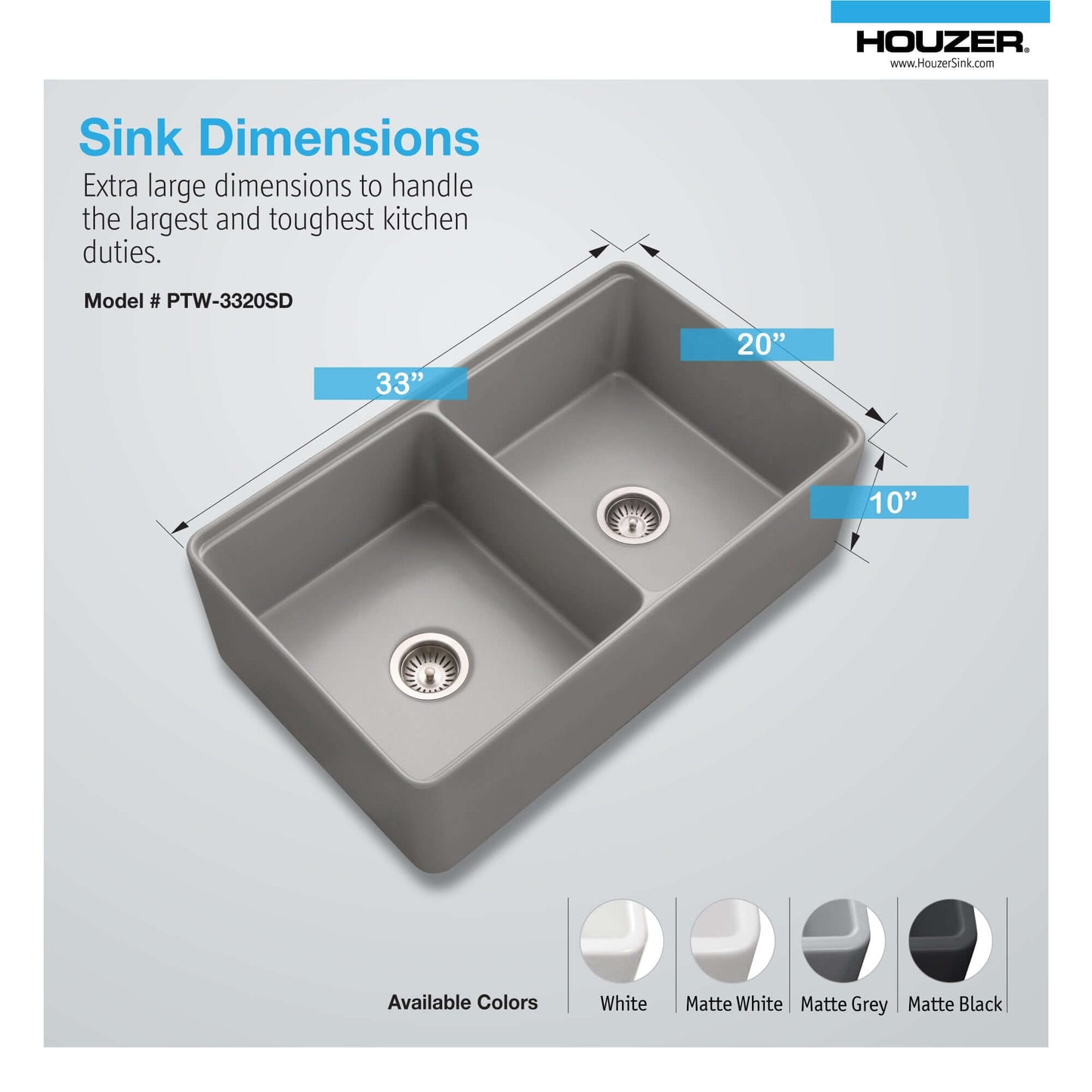 HOUZER ASPIRE 33" Fireclay Farmhouse Apron Front 50/50 Double Bowl Workstation Sink with Accessories dimensions 33" x 20" x 10"