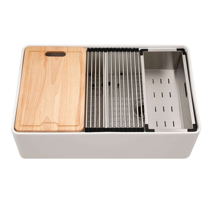 HOUZER ASPIRE 33" Fireclay Farmhouse Apron Front 50/50 Double Bowl Workstation Sink with Accessories in a sleek design.