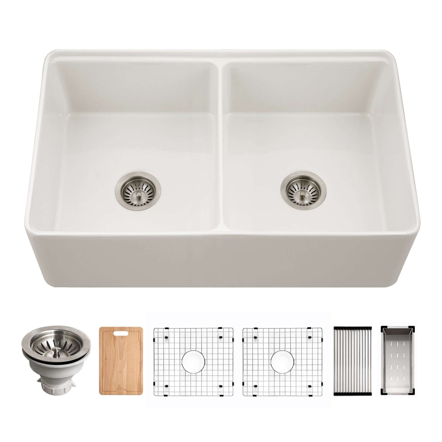 HOUZER ASPIRE 33" Fireclay Farmhouse Apron Front 50/50 Double Bowl Workstation Sink with Accessories