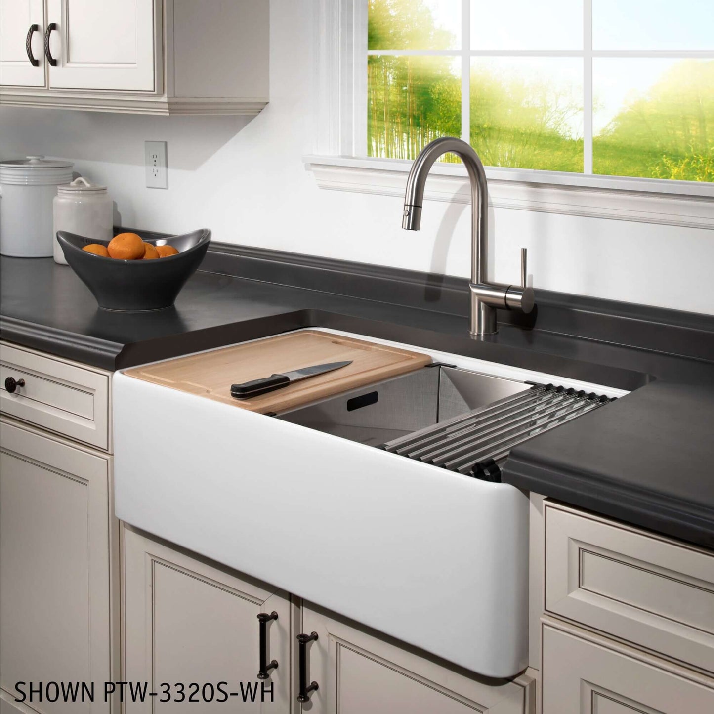 HOUZER ASPIRE 33" Fireclay Farmhouse Apron Front 50/50 Double Bowl Workstation Sink with Accessories in a modern kitchen.