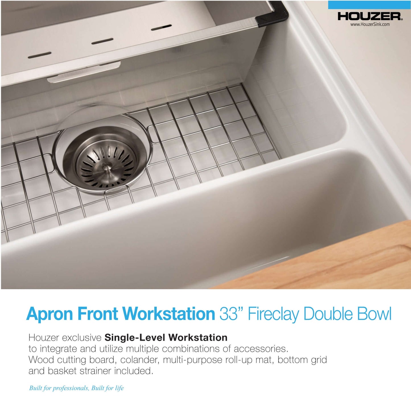 HOUZER ASPIRE 33" Fireclay Farmhouse Apron Front 50/50 Double Bowl Workstation Sink with Accessories features a stainless steel drain.