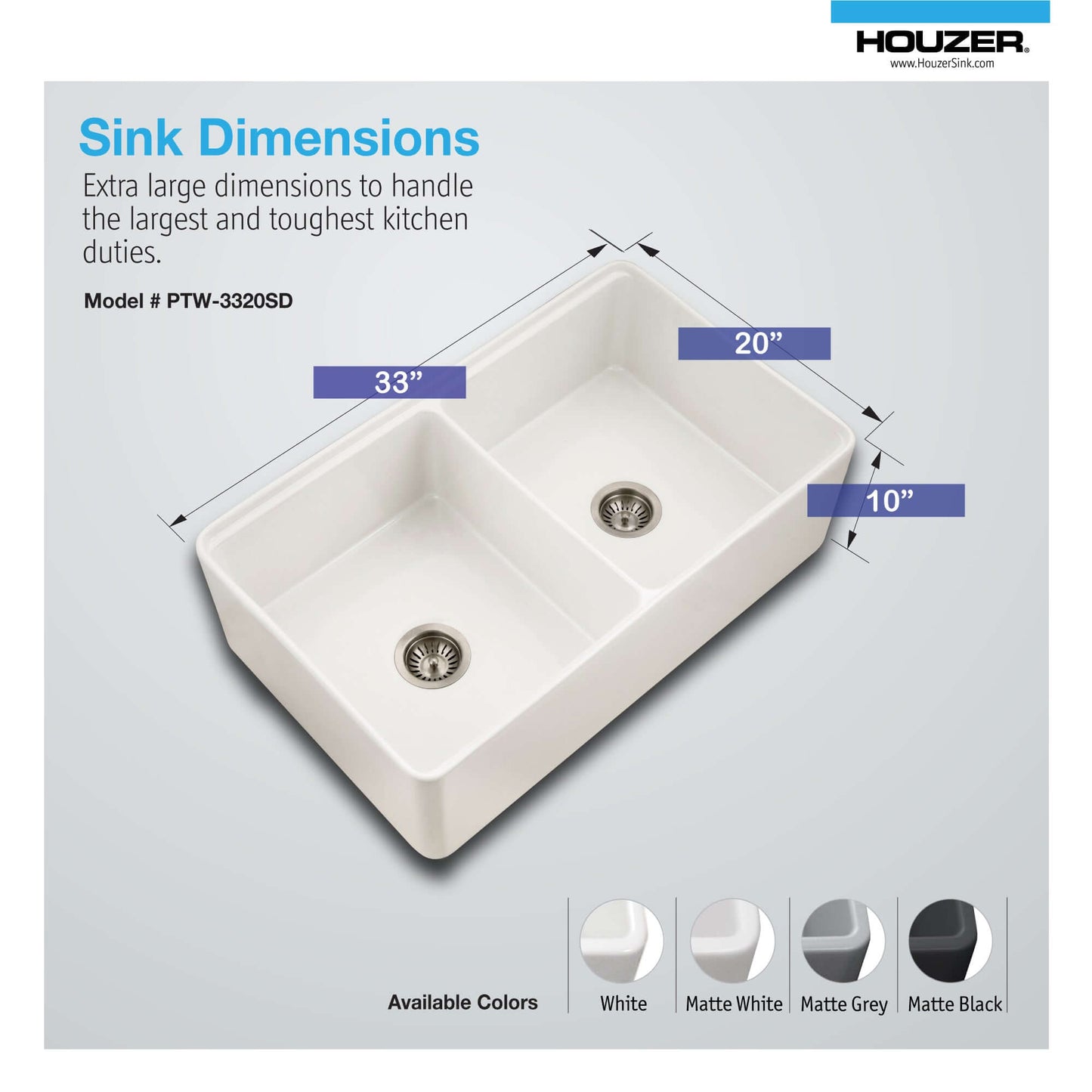 HOUZER ASPIRE 33" Fireclay Farmhouse Apron Front 50/50 Double Bowl Workstation Sink with Accessories dimensions diagram
