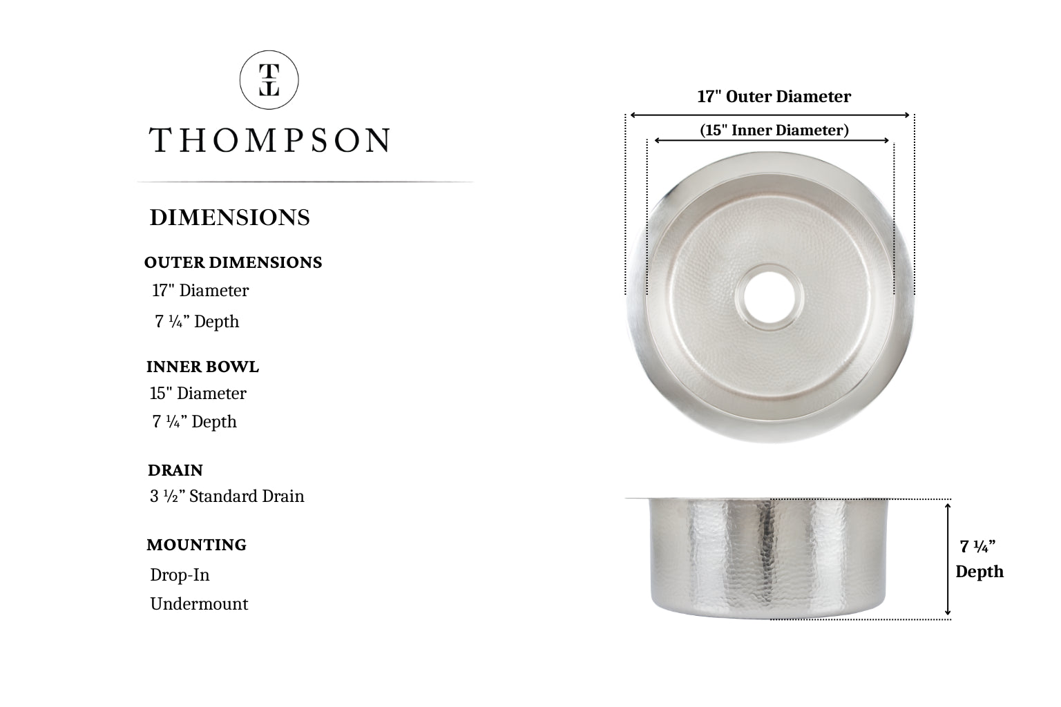 Thompson De La Cruz hand-hammered nickel bar and prep sink PU-1708BRN, dimension drawing