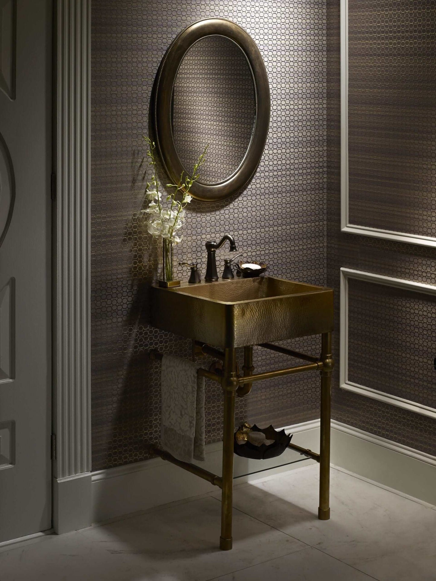 Thompson Traders Zacatecas Vanity - PV-3420ASG showcasing elegant design in a stylish bathroom setting.